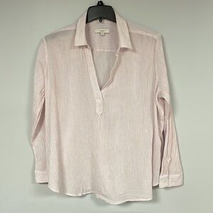 Loft Crinkle Split Neck Top/ blouse semi-sheer tiny pink/white/ blue stripes  XL